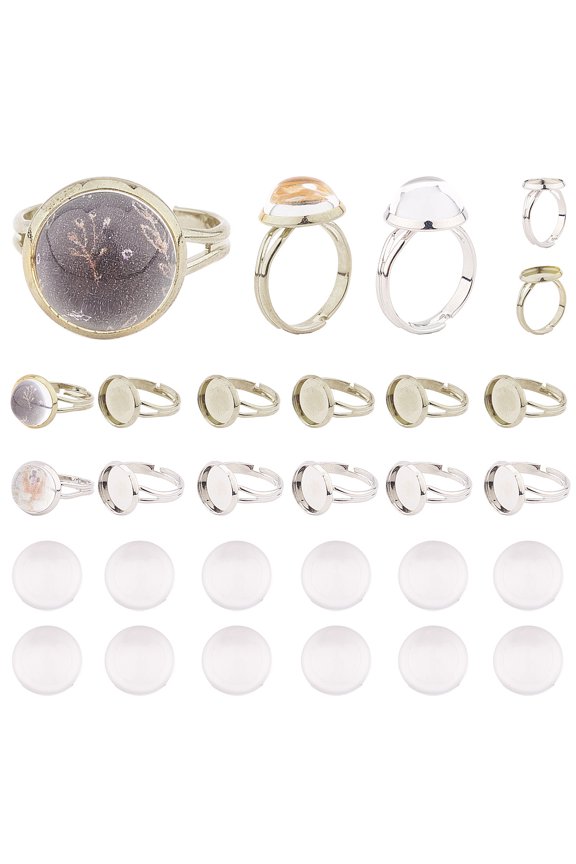 1 Set DIY Finger Ring Making Kits with Adjustable Brass Ring Components and 12mm Transparent Clear Half Round Glass Cabochon Platinum & Golden 60pcs/set