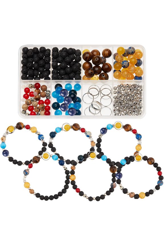 1 Set DIY Gemstone Bracelet Making Kit Including Round Cat Eye & Natural Gemstone & Glass Beads Silver & Platinum 320Pcs/set