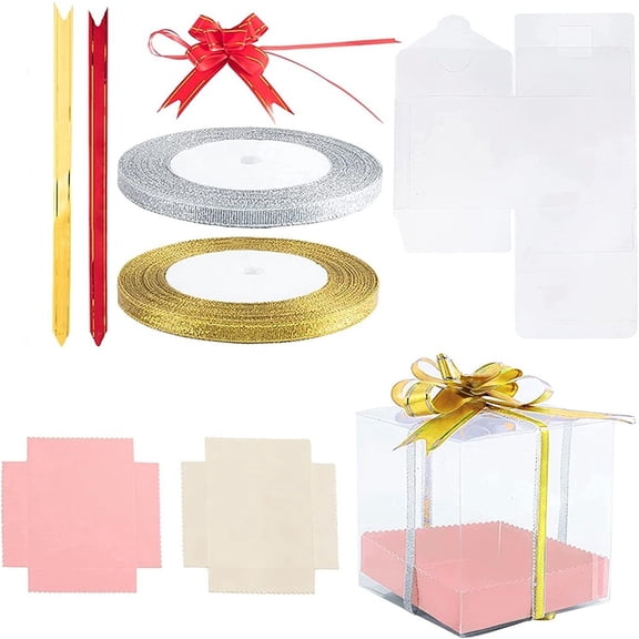 1 Set DIY Gift Box Making with Plastic PVC Box Gift Packaging Paper Bottom Holder Glitter Metallic Ribbon Elastic Packaging Ribbon Bows Mixed Color Box: 9x9x9cm 20pcs/set