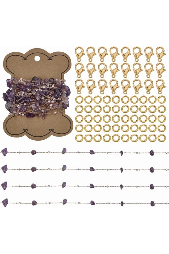 1 Set DIY Handmade Brass Amethyst Chips Beaded Chains Necklaces/Bracelets Making Kits 2.5x1x0.5mm