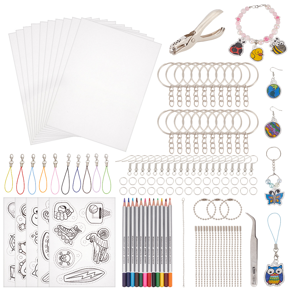 1 Set DIY Heat Shrinky Art Pendant Keychain Earrings Making Kit Including Heat Shrink Sheets Plier & Tweezers Iron Keychains & Ball Chain &