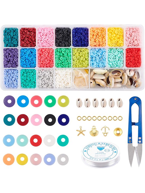 1 Set DIY Jewelry Kits with Handmade Polymer Clay Bead Spacers Alloy Pendants Cowrie Shell Beads Iron and Elastic Thread Mixed Color 4x1mm Hole: 1mm