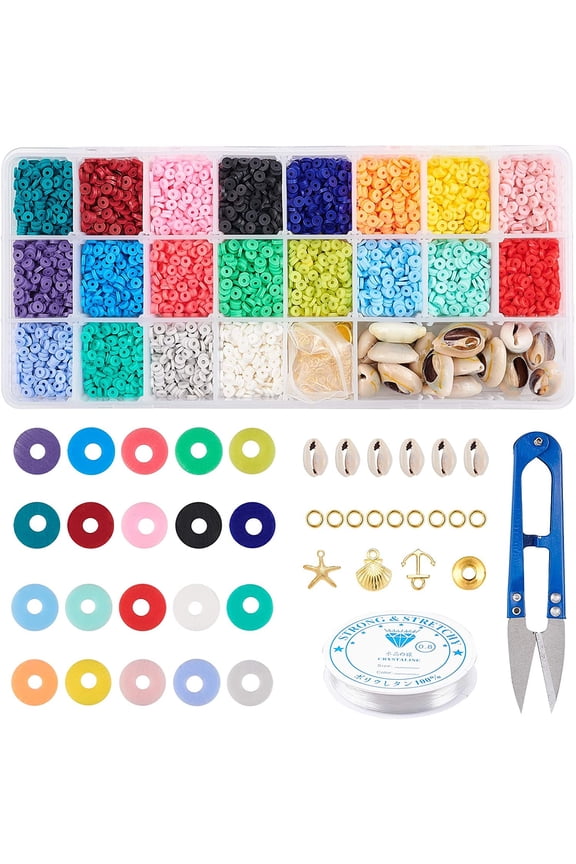 1 Set DIY Jewelry Kits with Handmade Polymer Clay Bead Spacers Alloy Pendants Cowrie Shell Beads Iron and Elastic Thread Mixed Color 4x1mm Hole: 1mm