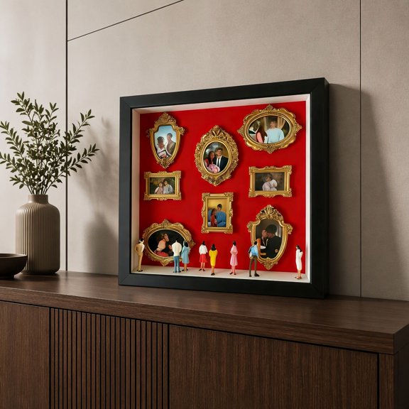1 Set DIY Mini Museum Shadow Box Kit, 10x10 Inch Wood Display Frame with 8 Mini Picture Frames, 8 Figurines, 2 Potted Plants, 5 Background Boards, Black