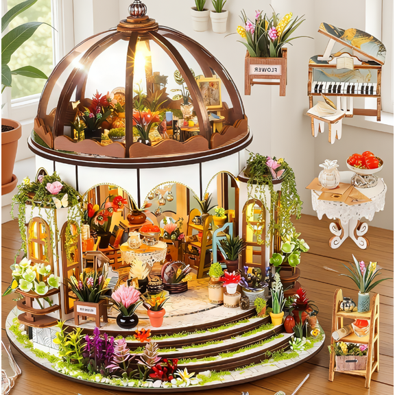 1 Set DIY Miniature Book Nook Kit with LED Light, 3D Wooden Hanging Garden Bookend Puzzle Bookshelf Insert Decor Building Set