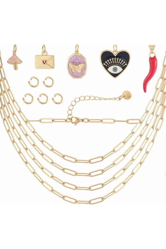 1 Set DIY Necklaces Making Kits Mixed Shape Brass Micro Pave Clear Cubic Zirconia Pendantse Open Jump Rings 16.34 inch(41.5cm)