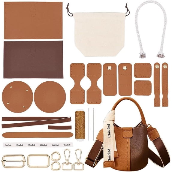 1 Set DIY PU Leather Bag Making Kit for Women Handbags Sewing Kit for Adult DIY Bucket Bag Making Kit with Lined Pockets DIY Purse Cross Leather Craft Bag Making Supplies 6.7x6.7 Inch Brown