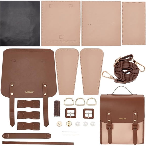1 Set DIY PU Leather Sew on Backpack Kits including Fabric Magnetic Clasp Thread Needle Saddle Brown Finished Product: 27x15x31cm