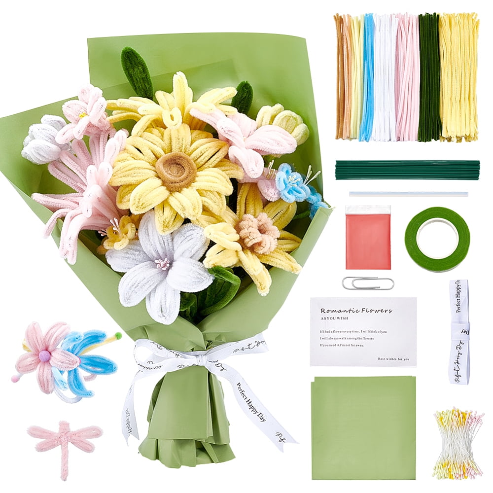 1 Set DIY Plush Sticks with Chenille Stems Polyester Ribbons Iron Stick Greeting Cards and Glue Stick Mixed Color 300~305x7.5mm