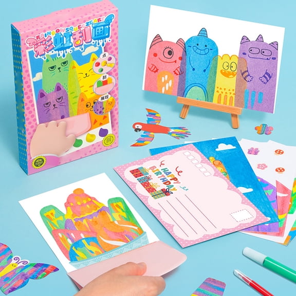 1 Set DIY Rainbow Scratch Painting Kit with Paints Pens Scraper Sticker Educational Rainbow Scratch Art Paper Toy Toddlers Boys Girls Birthday Gift