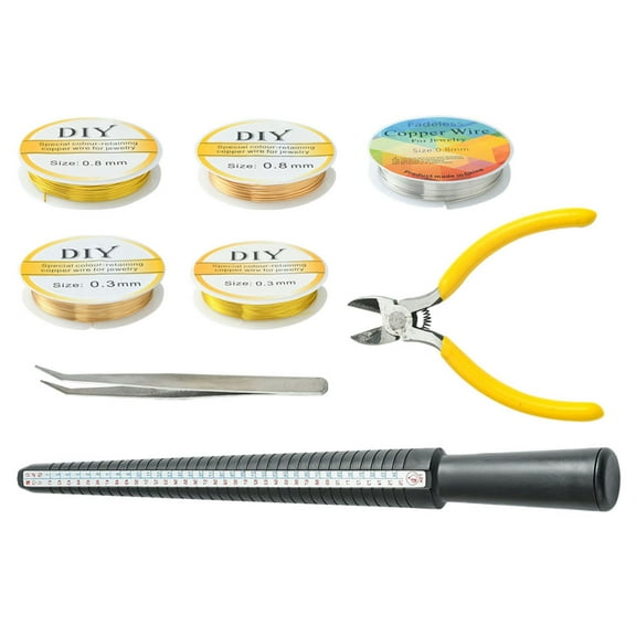 1 Set DIY Ring Making Finding Kit Including Round Copper Jewelry Wire 4 Types Measuring Size Plastic Ring Size Sticks Pliers Tweezers Mixed Color Jewelry Wire: 6 Roll/set