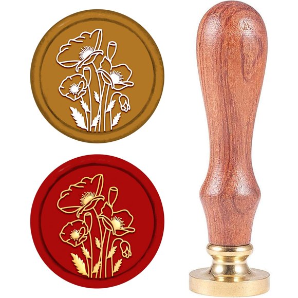 1 Set DIY Scrapbook Brass Wax Seal Stamp with Natural Wood Handle Poppyl Pattern 25mm