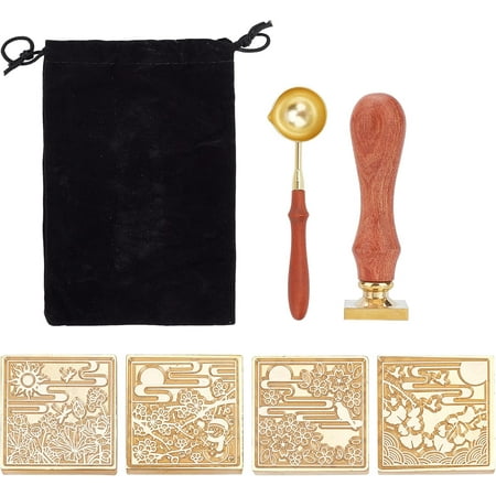 1 Set DIY Scrapbook Making Kits Including 1Pc Pear Wood Handle 4Pcs 4 Pattern Brass Seal Stamp Head 1Pc Brass Sticks Melting Spoon