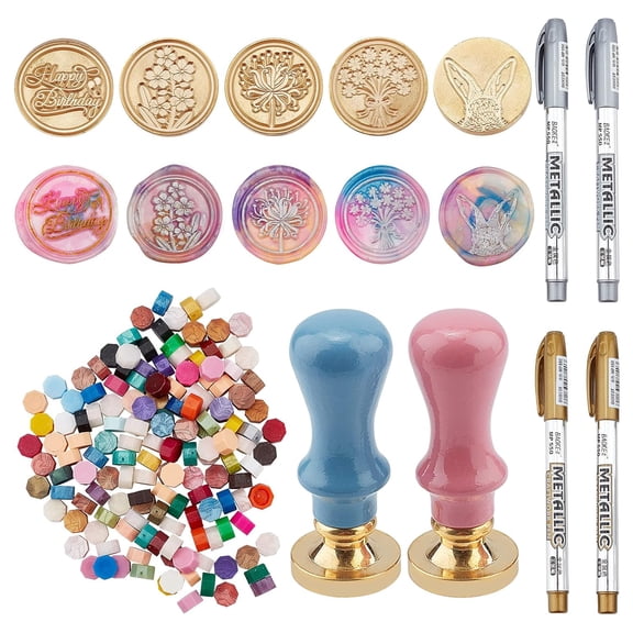 1 Set DIY Seal Stamp Kits Including Wooden Handle Brass Seal Stamp Sealing Particles Marking Pen Mixed Patterns 2.5x1.4cm