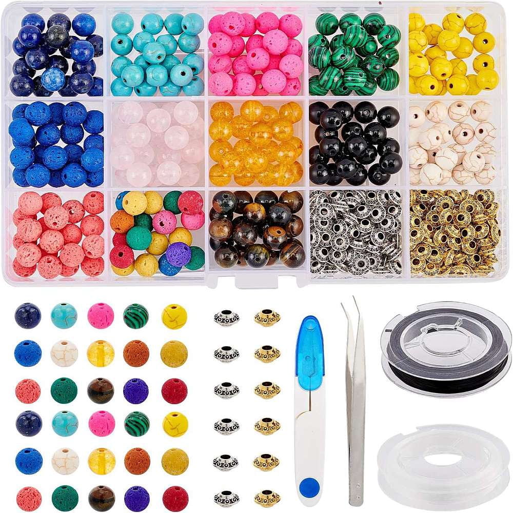 1 Set DIY Stretch Bracelets Making Kits include Gemstone Flat Elastic String Iron Scissors and 304 Stainless Steel Tweezers Mixed Color