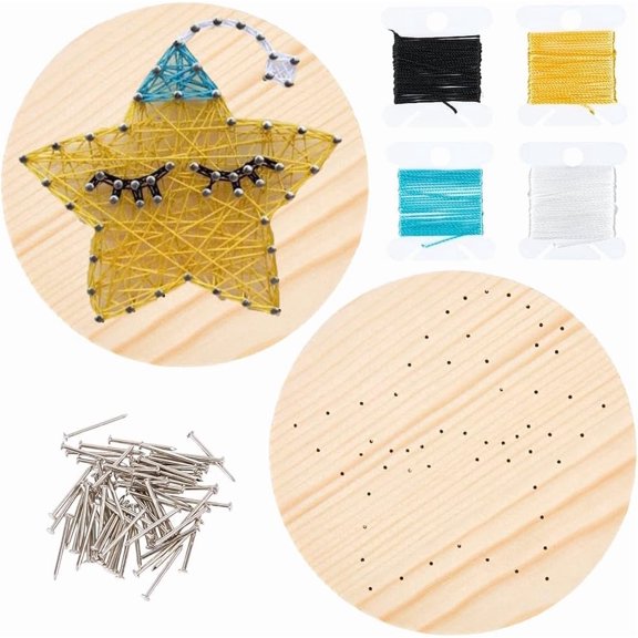 1 Set DIY String Arts Kit Set Including Wooden Board Plastic Holder Accessories Iron Nails Screws Polyester Thread Star 19x3mm 64pcs for DIY