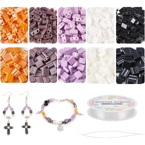 1 Set DIY Tile Bracelet Making Kit Including Two Hole Glass Seed Rectangle Beads Big Eye Beading Needles Mixed Color Seed Beads: 550Pcs/set