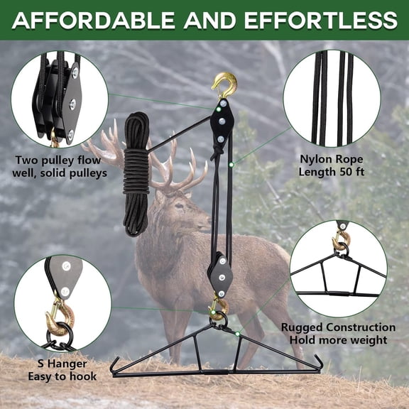 1 Set Deer Hanger with Pulley Lift System, Game Gambrel Hoist for Skinning, Steel Hanging Hook Supports Up to 800LB, Foldable Design for Deer Hunting