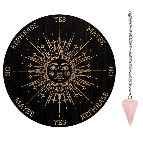 1 Set Divination Sets including 1Pc PVC Plastic Pendulum Board 1Pc 304 Stainless Steel Cable Chain Necklaces Sun Pattern 1Pc Natural Rose Quartz Stone Pendants Board: 200x4mm