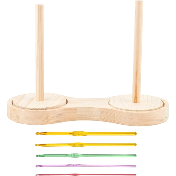 1 Set Double Wooden Yarn Skein Holder with 5 Style Random Single Color Aluminum Crochet Hooks Double Yarn Ball Holder