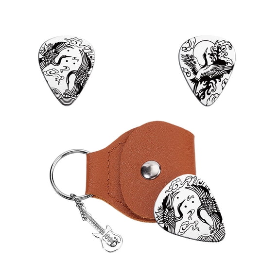 1 Set Double-side Laser 201 Stainless Steel Guitar Picks with Sandy Brown PU Leather Guitar Plectrum Guitar Accessories Crane 35x28mm