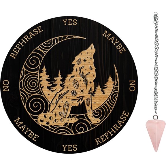 1 Set Dowsing Divination Supplies Kit Including PVC Plastic Cone/Natural Rose Quartz Stone Pendants Wolf Pattern Board: 200x4mm