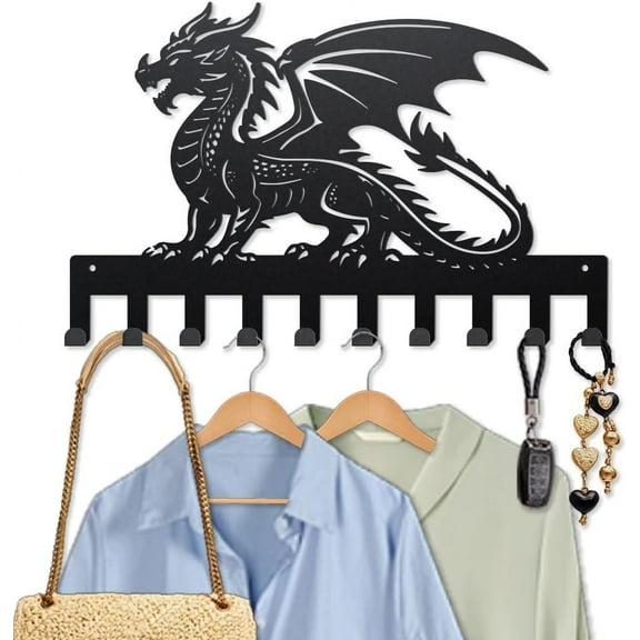 1 Set Dragon Metal Coat Hooks for Wall 15.79.8inch Domineering Winged Dragon Wall Mounted Key Rack 10 Hooks Mythical Animal Black Art Key Holder for Coats Hats Towels Bags Hanging