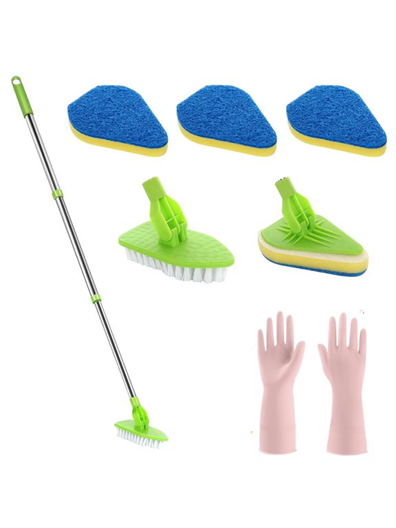 1 Set Extendable Scrub Brush, Adjustable Floor Cleaner with 1 Stiff Brush & 3 Sponge Heads, Free Rubber Gloves