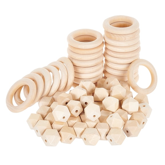 1 Set Faceted Nugget Natural Wooden Beads with Unfinished Wood Linking Rings 75pcs/set