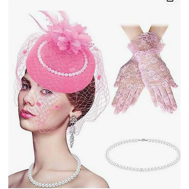 Women's Fascinator Hat, Dress Necklace, Tea Party Headwear and Gloves