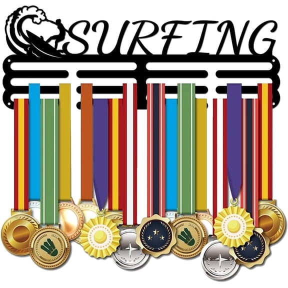 1 Set Fashion Iron Medal Hanger Holder Display Wall Rack 3 Line with Screws Human with Word SURFING Electrooresis Black 150x400mm