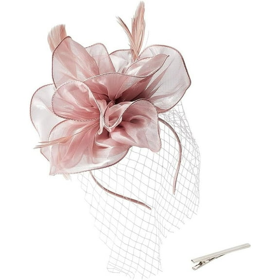 1 Set Feather Flower Mesh Veil Headband Organza Fascinator Hats for Women Halloween Costume Party Accessories Rosy Brown 140x121x4.5mm