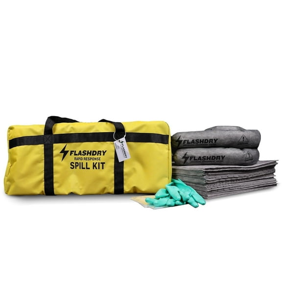 FlashDry Portable Complete Spill Kit with Yellow Duffle, Absorbent Pads, Socks, Bags, Gloves
