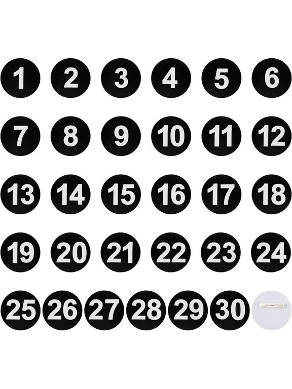 1 Set Flat Round with Number Plastic Brooches Set Num. 1~30 Lapel Pins for Backpack Clothes Black 49x6.5mm Pin: 0.7mm 30Pcs/set Craft Supplies