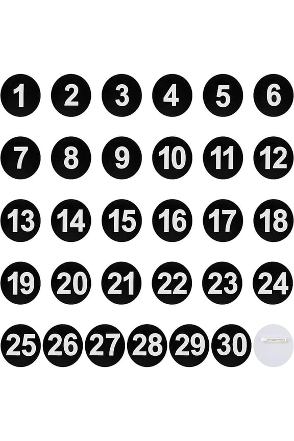1 Set Flat Round with Number Plastic Brooches Set Num. 1~30 Lapel Pins for Backpack Clothes Black 49x6.5mm Pin: 0.7mm 30Pcs/set