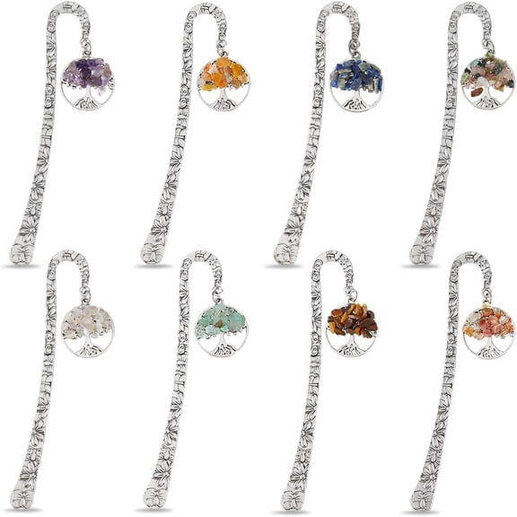 1 Set Flat Round with Tree of Life Natural & Synthetic Gemstone Bookmarks Alloy Hook Bookmarks Antique Silver 135mm 8pcs/set