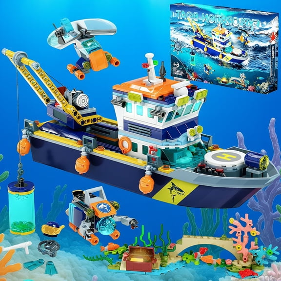 1 Set Floatable Explorer Ship Building Blocks with LED Light, Boat for Ages 6-10, Includes Crane, Helicopter & Shark Cage