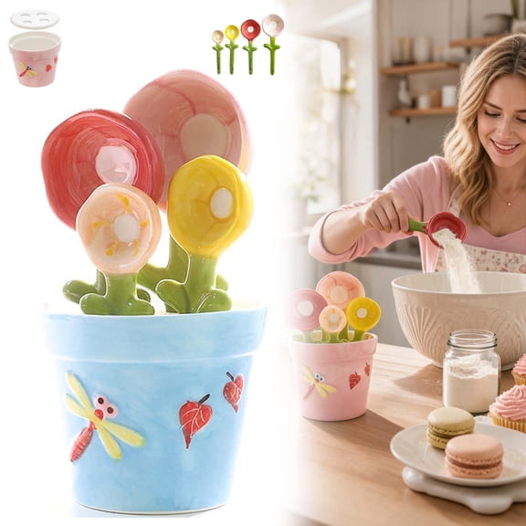 1 Set Flower Measuring Spoons, Ceramic Flower Pot Design, 4-Piece Spoon Set with Holder, Kitchen Decor & Baking Gift