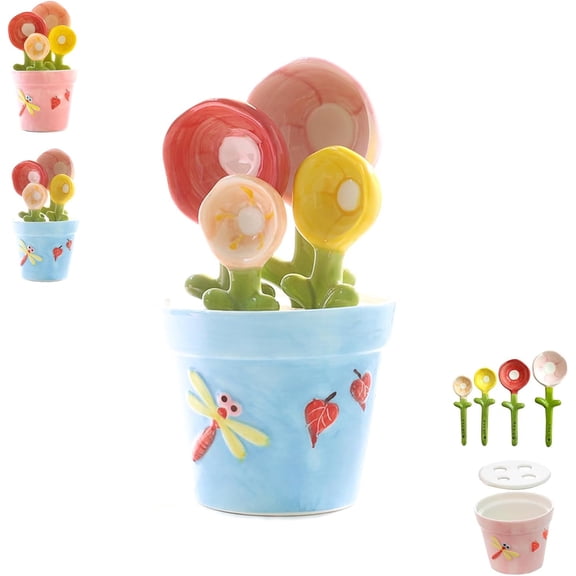 1 Set Flower Pot Measuring Spoons Set, Ceramic Flower Pots Measuring Spoons, Cute Decorative Flowers Pot and Cup, Household Kitchen Tools, Easy to Clean, For Dry and Liquid Ingredient (Pink)