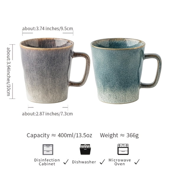 1 Set Flowing Glaze Tall Mug Pair, 13.53oz Water Pattern Ceramic Cup Set, Blue & Grey Couple Coffee Mugs, Vintage Style Cup Collection
