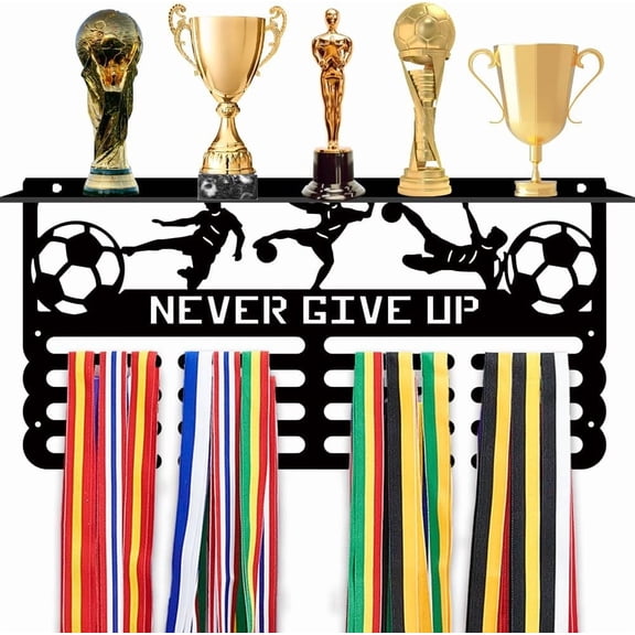 1 Set Football Medal Hanger Display Never Give Up Medal Holder Display Hanger Soccer Medal Hooks Display Rack Awards Rack for Wall Frame Awards Ribbon Holder for 60 Sports Medals Athletes Gift