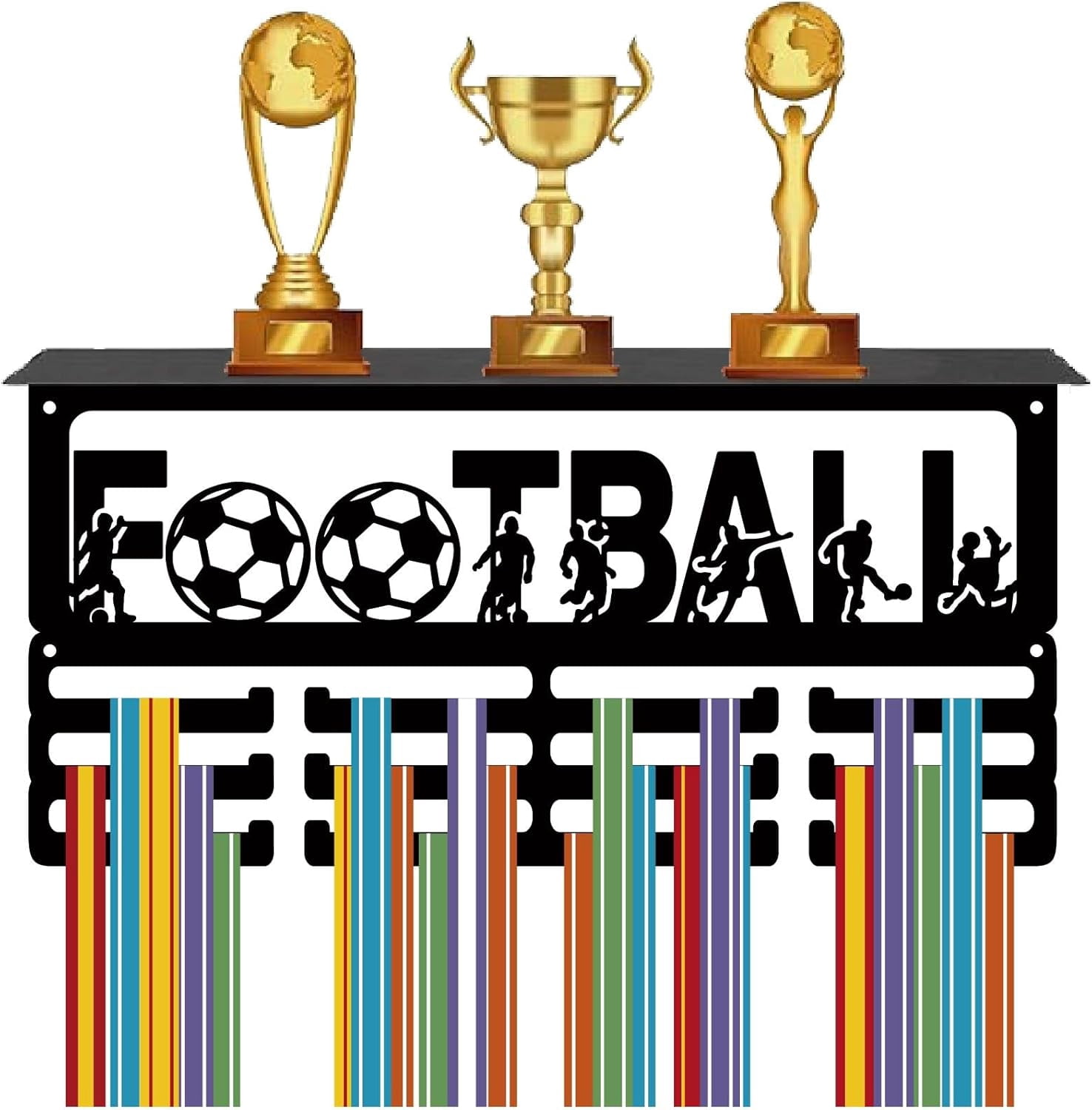 1 Set Football Medal Holder Soccer Medal Hanger Display Sports Race Competition Awards Ribbons Organizer Metal Rack Trophy Shelf Frame for Hanging 70+ Medals Runners Players Gifts 15.7 x 7.9Inch