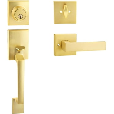 1 Set Front Door Handle, Heavy Duty Square Door Lock Set with Single Cylinder Deadbolt, Satin Brass Finish Handleset with Lever - Single
