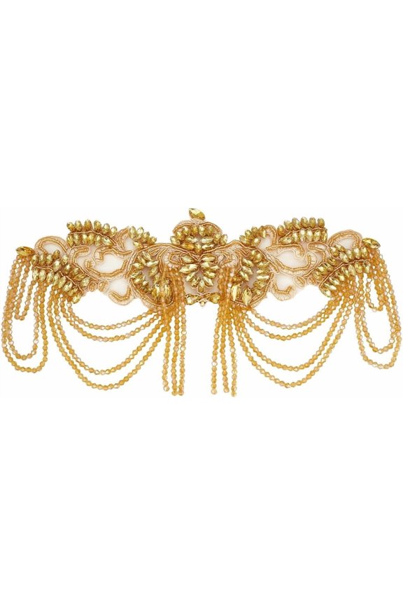 1 Set Gold Beaded Rhinestones Applique Embellishment 6.3x13 Inch Epaulettes Shoulder Patches Sew-on Diamond Sequin Applique