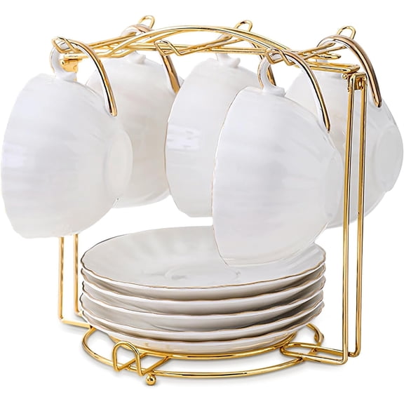 1 Set Golden Metal Cup and Saucer Rack, Foldable Drying Mug Holder with Saucer Storage, Elegant Coffee Cup Display Stand, Hollow Draining Space-Saving Kitchen Counter Organizer