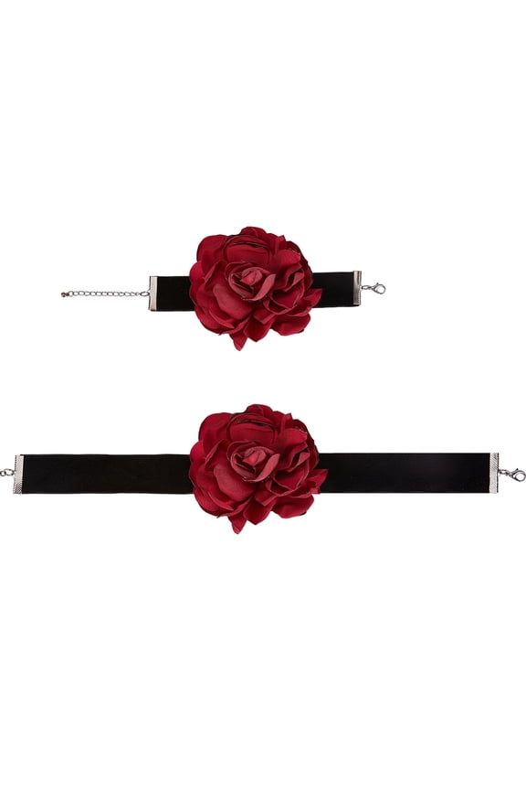 1 Set Gothic Cloth Flower Cord Bracelet & Choker Necklace Velvet Jewelry Set for Women Dark Red 7~7-3/8 inch(17.7~18.7cm) 13.31~13.46 inch(33.8~34.2cm) 2Pcs/set
