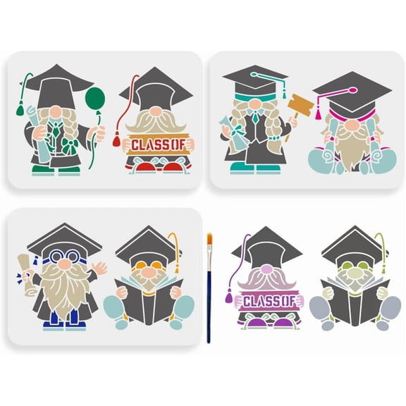 1 Set Graduation Theme PET Hollow Out Drawing Painting Stencils for DIY Scrapbook Photo Album with 1Pc Art Paint Brushes Gnome 297x210mm