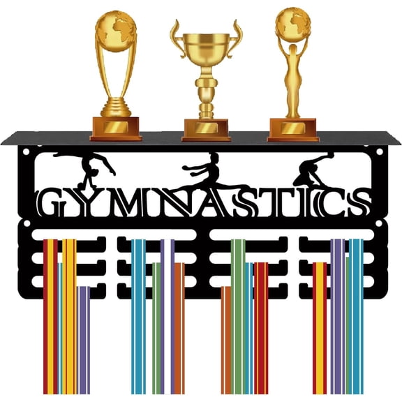 1 Set Gymnastics Medal Holder Trophy Shelf Medal Hangers Display with Shelf Stand Small Sports 4 Rows Wall Mount Hold 70+ Medals