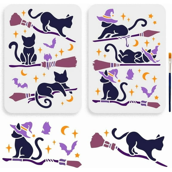1 Set Halloween Theme PET Hollow Out Drawing Painting Stencils with 1Pc Art Paint Brushes for DIY Scrapbook Photo Album Cat Shape 297x210mm 2pcs/set