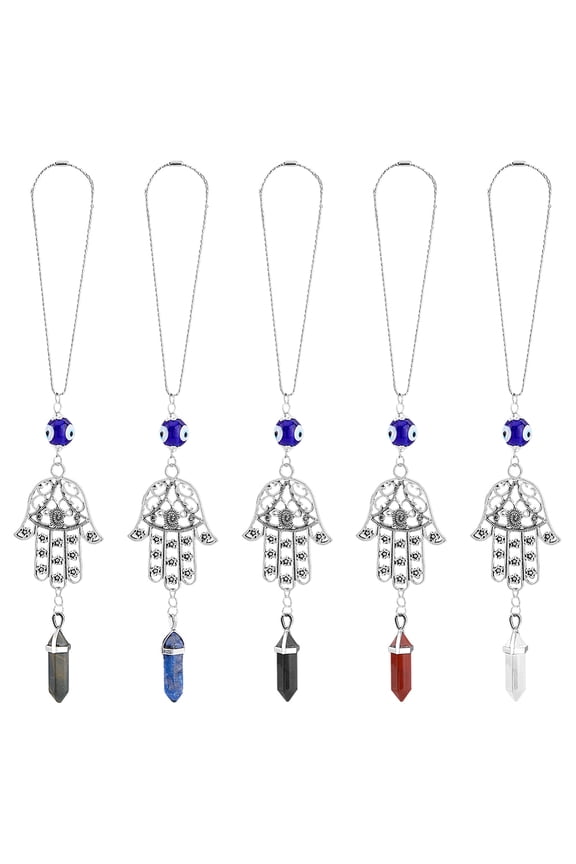 1 Set Hamsa Hand Hanging Ornament with Gemstone Charm for Protection Home Car Rear View Mirror Hanging Accessories 220mm 5pcs/set Silver Platinum